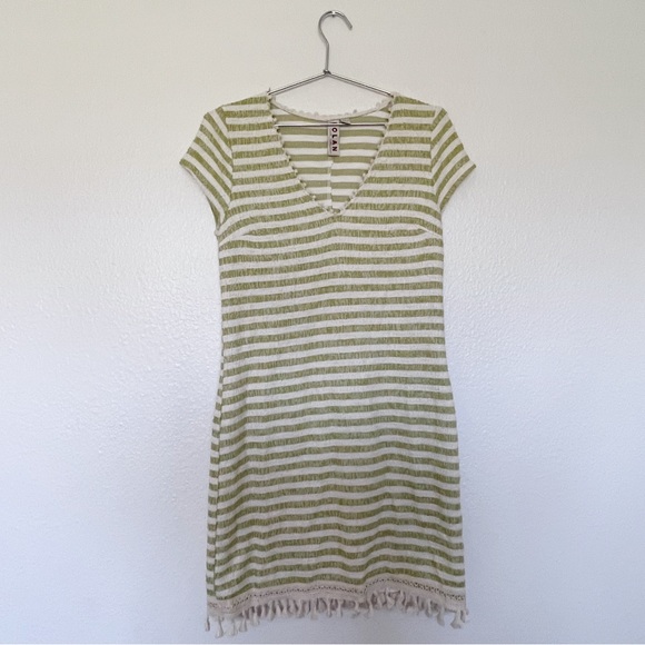 DOLAN by ANTHROPOLOGIE Striped Tassel Terry Dress in Light Green and Cream SZ S - Picture 3 of 7